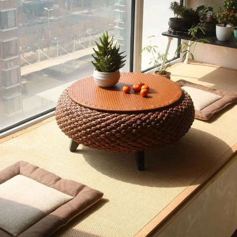 Mesa de Centro Japandi em Rattan e Madeira Sólida