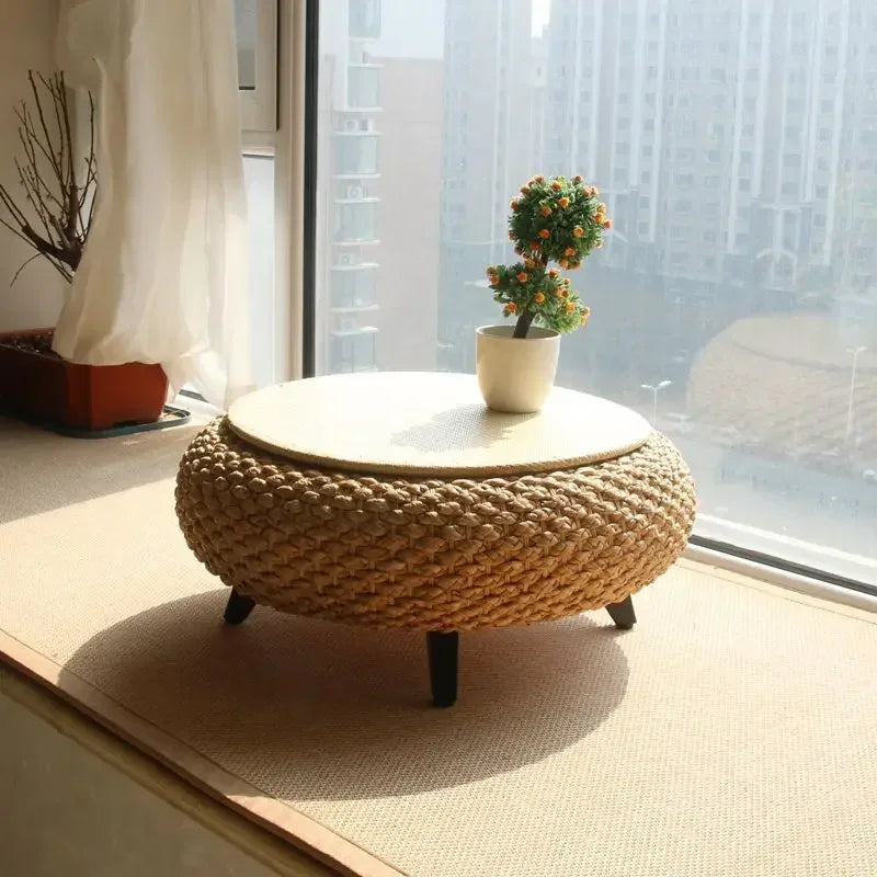 Mesa de Centro Japandi em Rattan e Madeira Sólida